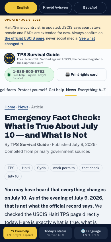 The July 10 fact-check as it appears on a phone: an article headlined 'Emergency Fact Check: What Is True About July 10 — and What Is Not,' published July 9, 2026 and compiled from primary government sources.