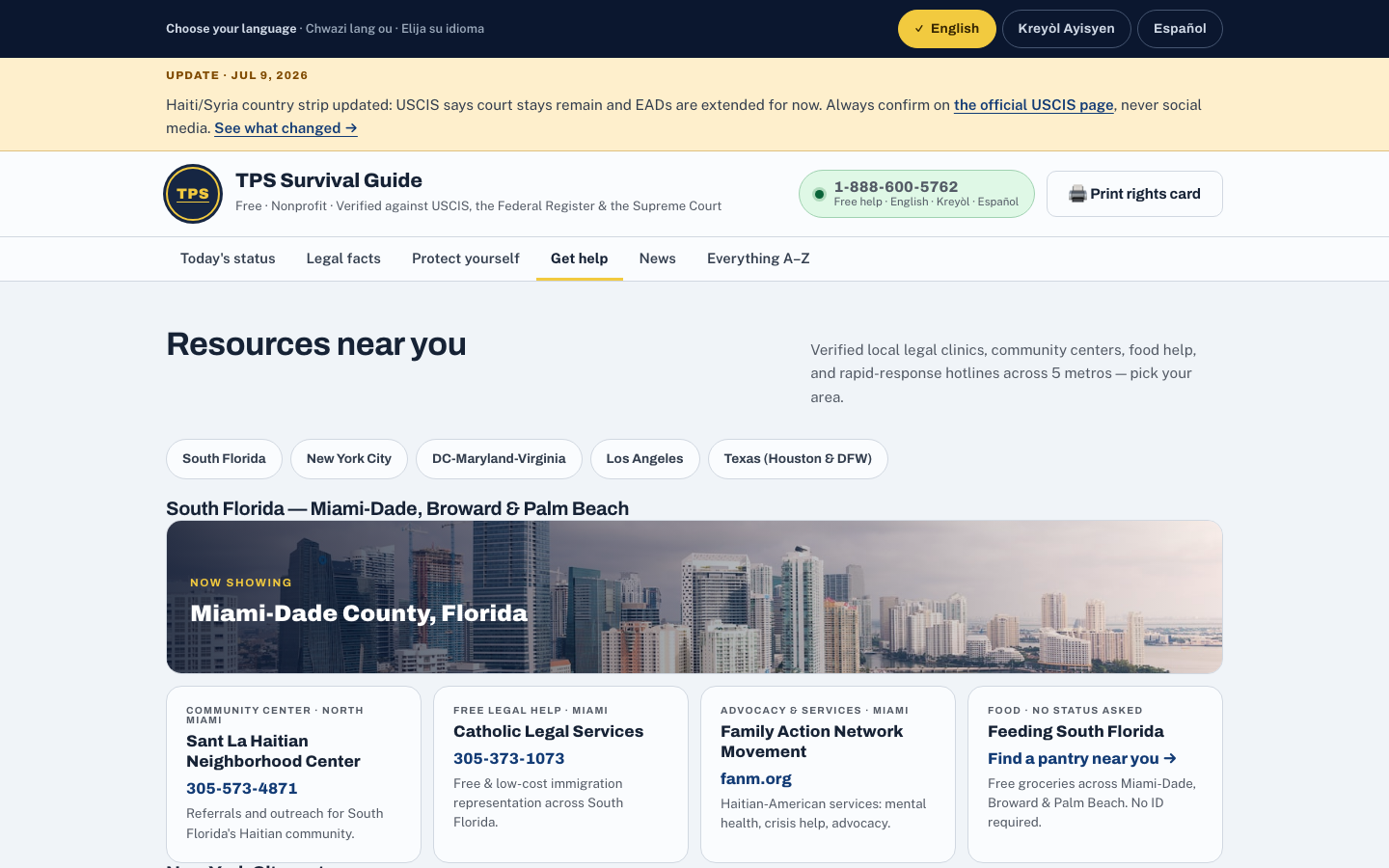 The 'Resources near you' directory: verified legal clinics, community centers and food help for South Florida — Sant La Haitian Neighborhood Center, Catholic Legal Services, Family Action Network Movement, Feeding South Florida — with a switcher for five metros.