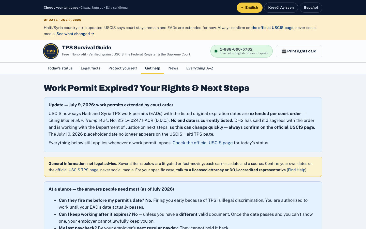 The 'Work Permit Expired? Your Rights & Next Steps' page, opening with a dated July 9, 2026 update: Haiti and Syria work permits are extended per court order citing Miot v. Trump, with no end date currently listed, and a reminder to confirm on the official USCIS page.